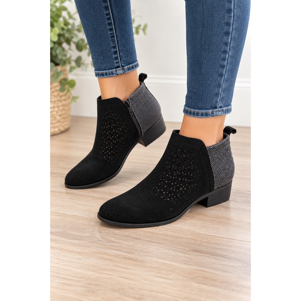 TOMS Deia Black Suede Grey Woven Ankle Boots Perforated Booties Womens 6.5